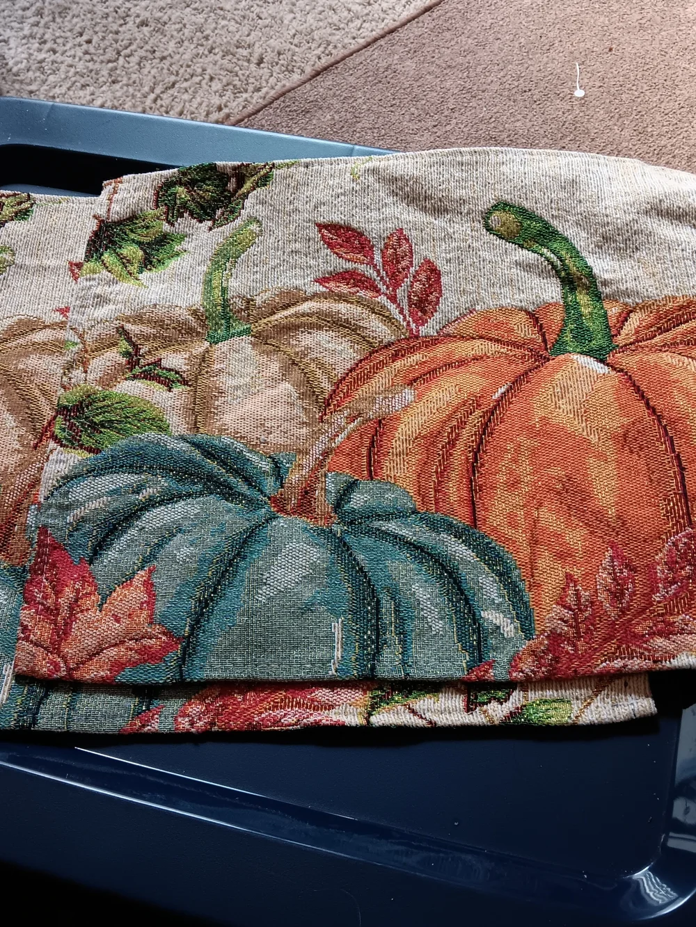 Autumn Pumpkin Tapestry Pair Of Placemats Orange & Teal Pumpkins